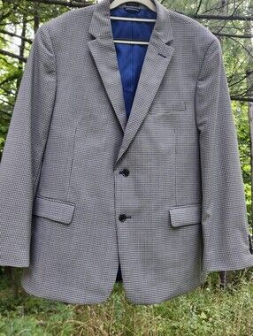 Tommy Hilfiger Mens 46R Blazer 100% Worsted Wool Gray Micro Check Sport Coat